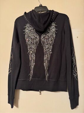 Black Rhinestone Angel Wing Hoodie - Women